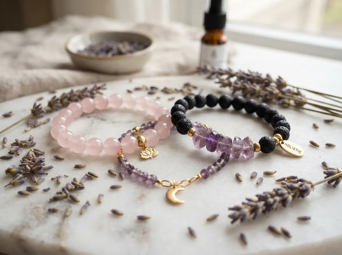 Pulseras artesanales de cuarzo rosa, amatista y piedra volcánica